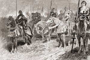 Szene aus William Shakespeares Stück König Heinrich V., Akt IV, Szene 2, Lord Grandpré: Die Reiter sitzen wie feste Leuchter mit Fackelstäben in der Hand, aus Die Werke von William Shakespeare, veröffentlicht 1896 von Gordon Frederick Browne