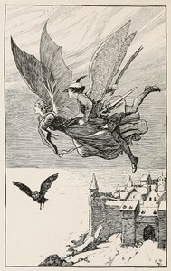 Der reisende Begleiter flog hinter ihr her, aus Märchen von Hans Anderson, veröffentlicht 1919 (Gravur)