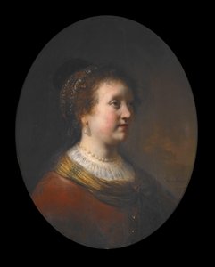 Frau in rotem Kleid und Perlen von Govaert Flinck
