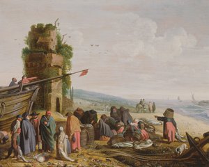 Fischerleute am Strand mit ihrem Fang
