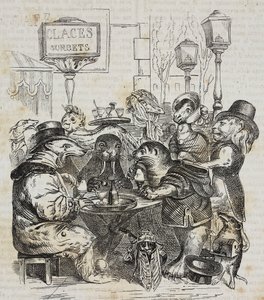 Tiere im Eiscafé, Lithographie von Giovanni Mariani nach einer Karikatur von Jean-Jacques Grandville aus Poliorama Pittoresco, Nr. 24, 21. Januar