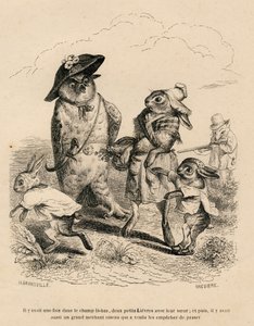 Zwei kleine Hasen mit ihrer großen Schwester werden von einer Eule auf einem Feld angehalten. Ein Fuchs jagt hinter ihnen. Vignetten illustriert von JJ Granville. Gravur signiert Breviere in dem Teil "Geschichte eines Hasen" geschrieben von PJ Stahl