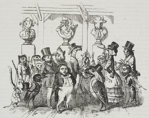 Ausgang aus dem Theater, Karikatur von Jean-Jacques Grandville, Lithographie von Giovanni Mariani aus Poliorama Pittoresco, Nr. 39, 7. Mai