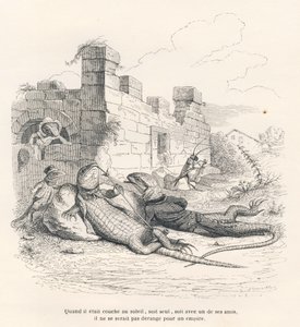 Eidechse raucht in der Sonne mit einem ihrer Freunde. Illustrierte Vignetten von JJ Granville. Gravur signiert Andrew, Best und Leloir im Teil "Erinnerungen einer alten Krähe" geschrieben von PJ Stahl in "Szenen aus dem privaten und öffentlichen Leben der  von Grandville