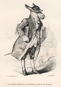 Akademischer Esel beladen mit Büchern. Vignetten illustriert von JJ Granville. Gravur signiert Caque in dem Teil "Eselführer für Tiere, die zu Ehren gelangen wollen" geschrieben von Honore De Balzac in "Szenen aus dem privaten und öffentlichen Leben der Ti