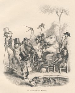Tiere in eleganter Kleidung spazieren in den Tuilerien. Illustrierte Vignetten von JJ Granville. Gravur signiert Andrew, Best und Leloir im Teil "Geschichte eines Hasen" geschrieben von PJ Stahl in "Szenen aus dem privaten und öffentlichen Leben der Tiere" von Grandville