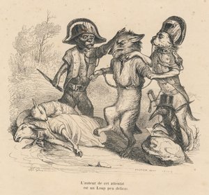 Verhaftung eines Wolfes nach dem Töten von zwei Schafen. Gravur signiert Andrew, Best und Leloir in "Cour criminelle de justice animale" von Emile de La Bedolliere in "Scenes de la vie privee et publique des animaux"