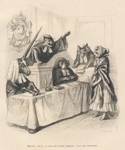 Katze verteidigt sich vor einem Gericht, das aus einem Einhorn, einer Katze, einem Hund und einem Wolf besteht. Vignetten illustriert von JJ Granville. Gravur signiert von Breviere im Teil "Gerichtsstrafen einer englischen Katze" geschrieben von Honoré de  von Grandville