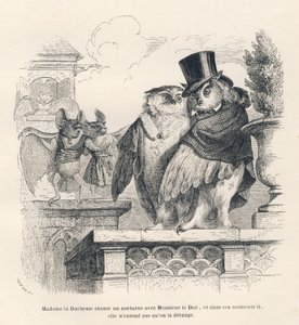 Fledermaus hört einer Eule und einem Uhu beim Singen zu. Vignetten illustriert von JJ Granville. Gravur signiert Breviere im Teil "Erinnerungen einer alten Krähe" geschrieben von PJ Stahl in "Szenen aus dem privaten und öffentlichen Leben der Tiere". Pa von Grandville