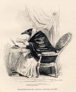 Rabe schreibt. Vignetten illustriert von JJ Granville. Gravur signiert Andrew, Best und Leloir im Teil "Erinnerungen einer alten Krähe" geschrieben von PJ Stahl in "Szenen aus dem privaten und öffentlichen Leben der Tiere". Paris, J. Hetzel und Paulin von Grandville