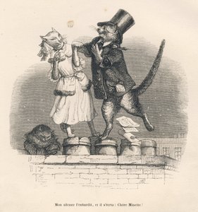 Zwei Katzen, die sich auf einem Dach verführen. Gravur signiert Andrew, Best und Leloir in "Peines de cour d