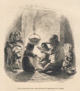 Zwei Besucher stören die Bärenfamilie, die vor dem Kamin sitzt, an dem ein Topf hängt. Vignetten illustriert von JJ Granville. Gravur signiert Breviere in dem Teil "Der Bär oder Brief" von Grandville