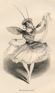 Sie tanzte eine Saltarelle. Vignetten illustriert von JJ Granville. Gravur signiert von Andrew, Best und Leloir im Teil "Die Abenteuer eines Schmetterlings" geschrieben von PJ Stahl in "Szenen aus dem privaten und öffentlichen Leben der Tiere". Paris, J. H von Grandville