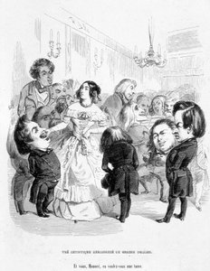 George Sand (Aurore Dupin, Baronne Dudevant) (1804-1876) umgeben von 4 Schriftstellern: Eugene Sue, Honoré de Balzac, Franz Liszt und Victor Hugo - in „Auf der Suche nach einer sozialen Position“ von Jerome Paturot von Grandville