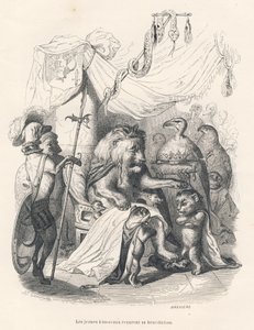 Die jungen Löwen erhalten den Segen des Löwenkönigs. Vignetten illustriert von JJ Granville. Gravur signiert von Breviere im Teil "Reise eines Löwen aus Afrika nach Paris" geschrieben von Honoré de Balzac in "Szenen aus dem privaten und öffentlichen Leben  von Grandville