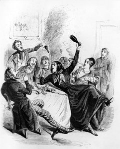 Mittagessen von Jungen und Mädchen: Männer und Frauen trinken Alkohol und rauchen, Zeichnung von Jean Ignace Isidore alias JJ Grandville von Grandville (1803 47)