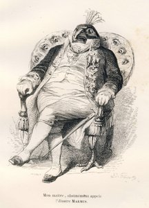 Pfau sitzt auf seinem Sessel. Vignetten illustriert von JJ Granville. Gravur signiert Porret im Teil "Esel-Führer für Tiere, die zu Ehren gelangen wollen" geschrieben von Honoré De Balzac in "Szenen aus dem privaten und öffentlichen Leben der Tiere" von Grandville