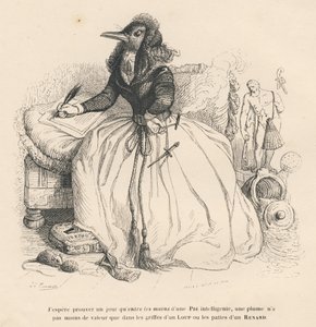 Elster schreibt mit einer Feder und hält eine Zigarette in der anderen Hand. Illustrierte Vignetten von JJ Granville. Gravur signiert Andrew, Best und Leloir im Teil "Geschichte eines Hasen" geschrieben von PJ Stahl in "Szenen aus dem privaten und öffentli von Grandville