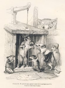 Falle: Katze lauert auf Mäuse, die gekommen sind, um den Gefangenen zu betrauern. Vignetten illustriert von JJ Granville. Gravur signiert Andrew, Best und Leloir in dem Teil "Der philosophische Ratte" geschrieben von Edouard Lemoine in "Szenen aus dem priv