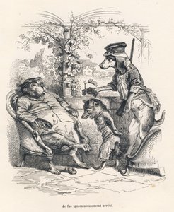 Fuchs von einem Hund verhaftet. Vignetten illustriert von JJ Granville. Gravur signiert von Godard im Teil "Ein Fuchs in der Falle" geschrieben von Charles Nodier in "Szenen aus dem privaten und öffentlichen Leben der Tiere". Paris, J. Hetzel und Paulin