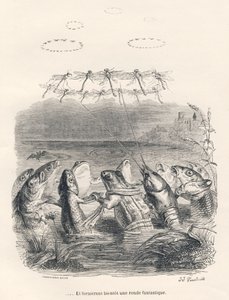 Runde der Wassertiere und Libellen. Vignetten illustriert von JJ Granville. Gravur signiert Andrew, Best und Leloir im Teil "Erinnerungen einer alten Krähe" geschrieben von PJ Stahl in "Szenen aus dem privaten und öffentlichen Leben der Tiere". Paris, J. H von Grandville