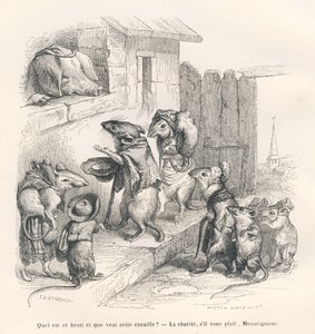 Maus spendet einem Schwein. Vignetten illustriert von JJ Granville. Gravur signiert Andrew, Best und Leloir im Teil "Der philosophische Ratte" geschrieben von Edouard Lemoine in "Szenen aus dem privaten und öffentlichen Leben der Tiere". Paris, J. Hetzel von Grandville