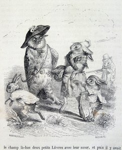 Die zwei kleinen Hasen, ihre Schwester und die Eule - von Grandville von Grandville