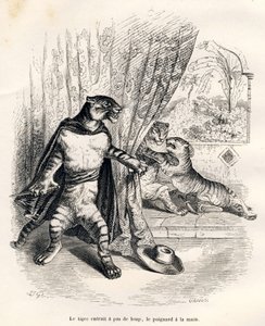Tiger tritt mit Dolch in der Hand auf die Bühne. Vignetten illustriert von JJ Granville. Gravur signiert Godard im Teil "Le premier feuilleton de Pistolet" geschrieben von Jules Janin in "Scènes de la vie privée et publique des animaux". Paris, J. Hetzel von Grandville
