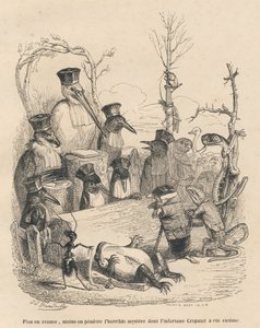 Gerichtshof bestehend aus Storch und anderen Vögeln, einem Maulwurf und einer Eidechse zur Aufdeckung des Mörders der Kröte. Gravur signiert Andrew, Best und Leloir in "Cour criminelle de justice animale"