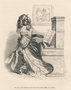 Ein Hund singt am Klavier. Illustrierte Vignetten von JJ Granville. Gravur signiert Andrew, Best und Leloir im Teil "Gerichtsschmerzen einer englischen Katze" geschrieben von Honoré de Balzac in "Szenen aus dem privaten und öffentlichen Leben der Tiere". P