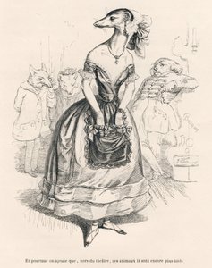 ... außerhalb des Theaters sind diese Tiere noch hässlicher. Illustrierte Vignetten von JJ Granville. Gravur signiert Godard im Teil "Das erste Feuilleton von Pistolet" geschrieben von Jules Janin in "Szenen aus dem privaten und öffentlichen Leben der Tier von Grandville
