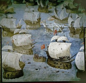 Seeschlacht bei den Azoren (1571) – Eroberung der dritten Insel – Fresko 1585 – restauriert von Granello Tavaron Castello y Cambiasso