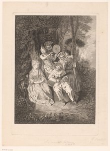 Parklandschaft mit Theaterfiguren, die einer Dame eine Serenade bringen