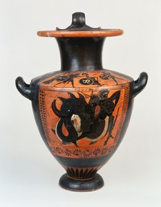 Eine attische schwarzfigurige Hydria, die Athena und Herakles im Kampf darstellt, und darunter Herakles im Kampf mit Nereos, ca. 520 v. Chr.