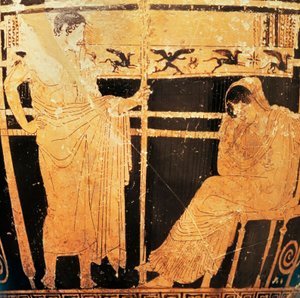 Attischer Skyphos des Thelemacus-Malers, der Penelope und Telemachus darstellt (rote Keramik)