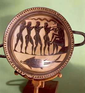 Becher mit Darstellung von Odysseus, der Polyphem blendet, schwarzfigurige Keramik, Griechenland, 6. Jahrhundert v. Chr. von Greek