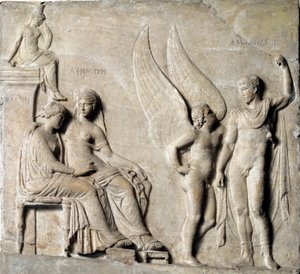 Griechische Kunst: „Der Prinz von Sparta Paris verführt Helena von Troja, Aphrodite ist dargestellt“ (Marmorrelief, 1. Jahrhundert v. Chr.) von Greek