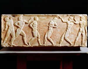 Griechische Zivilisation, Stele, die Athleten im Gymnasium darstellt, aus der Nekropole Kerameikos in Athen, Griechenland, 510 v. Chr. von Greek