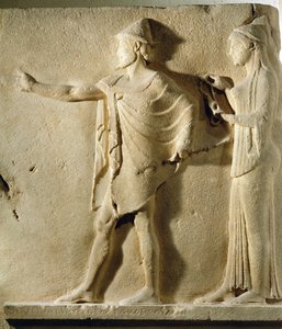 Hermes agoraios und eine Wohltätigkeit, Relief aus dem Durchgang der Theores, von Thasos, ca. 470 v. Chr.