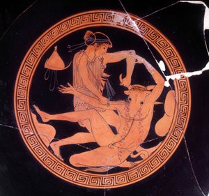 Minotaurus von Theseus getötet - Griechische Vase im Museo Archeologico de Firenze. Innenansicht der Pentic-Schale mit roten Figuren, Maler von Dokimasia. 480 v. Chr. (Minotauro)