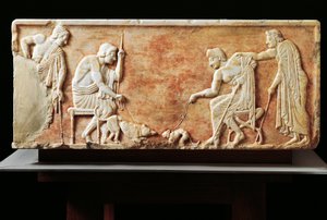 Stele, die einen Kampf zwischen Hund und Katze darstellt, 510 v. Chr. (Relief) von Greek