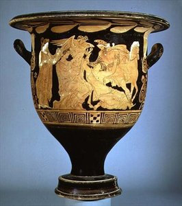 Attisch rotfiguriger Glockenkrater, der Boreas mit Oreithya darstellt