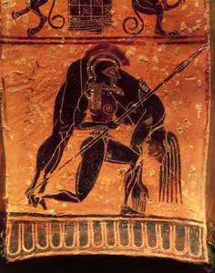 Schwarzfigurige Keramik, François-Vase, attischer Volutenkrater signiert vom Töpfer Ergotimos und dem Maler Kleitias, Detail, Ajax Telamon trägt den toten Körper von Achilles, 570-560 v. Chr.