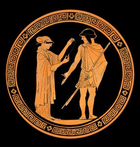 Galantes Gespräch, Dekoration einer Keramik mit roten Figuren. 5. Jahrhundert v. Chr. von Greek School