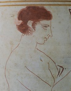 Attische Lekythos, zeigt eine Beerdigungsszene eines Kriegers, der vor seinem Grab sitzt, 420-410 v. Chr., zugeschrieben dem Maler Parrhasius von Ephesus, weißgrundige Keramik aus Athen, Griechenland. (Detail) von Greek School