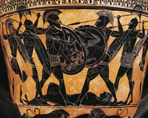 Griechische Zivilisation, schwarzfigurige Keramik, Krater, der den Kampf um den Körper des Patroklos darstellt, aus Farsala, Griechenland