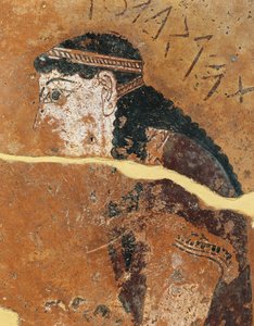 Bemalte Terrakotta-Metope, die Philomela, Tochter des athenischen Königs Pandion, darstellt, vom Tempel des Apollo, Thermos, Griechenland von Greek School