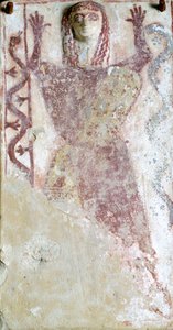 Polychrome Malerei auf Pinax und Relief, das eine weibliche Gottheit mit Schlange darstellt, aus der Agora von Athen, Griechenland, griechische Zivilisation, 7. Jahrhundert v. Chr. von Greek School