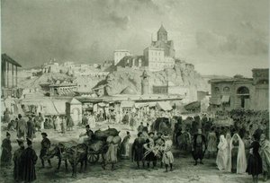 Der Basar auf dem Maidan-Platz, Tiflis, Georgien, Tafel 25 aus einem Buch über den Kaukasus, graviert von Adolphe Jean-Baptiste Bayot (1810-66) und Eugene Ciceri (1813-90), veröffentlicht von Alfred Leon Lemercier, Paris von Grigori Grigorevich (after) Gagarin