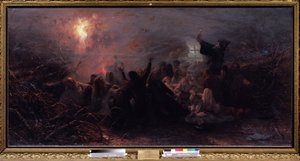 Selbstverbrennung. Episode des Raskol (Schisma) der orthodoxen Kirche 1666-1667, als einige Altgläubige sich aus Protest gegen die Reformen des Moskauer Patriarchen aus Angst vor dem Weltuntergang selbst verbrannten von Grigori Grigoryevich Myasoedov